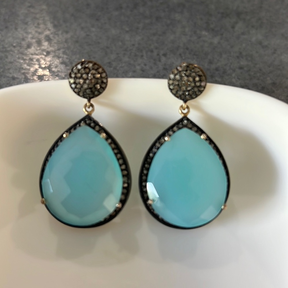 Champagne diamonds with blue Topaz black rhodium dipped in 18k gold earrings
